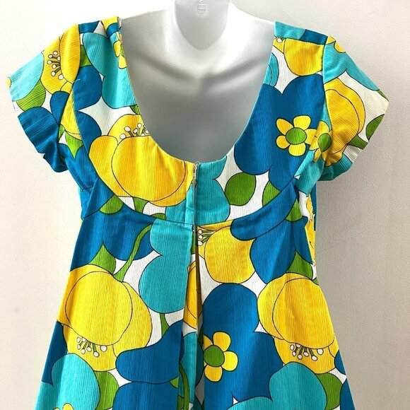 Epic Vintage Hawaiian Maxi Dress Floral 60s 70s Mod Tiki Bar Waterfall Back - Picture 6 of 9